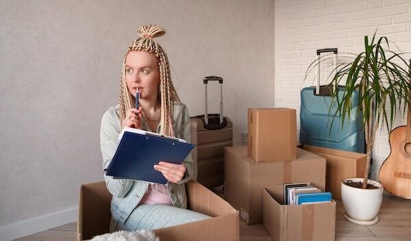 Young woman holding clipboard sitting in box at home