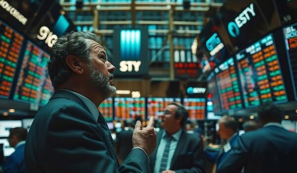 Historical Stock Exchange Depiction of Open Trading Floor Pit with Diverse Group of Generative AI