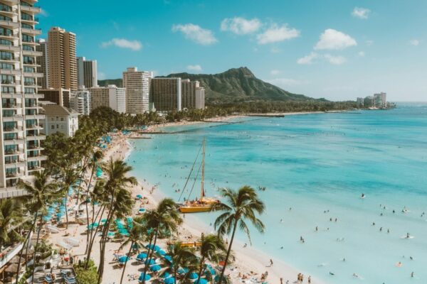A stunning aerial view of Waikiki Beach, Honolulu with Diamond Head in the background.