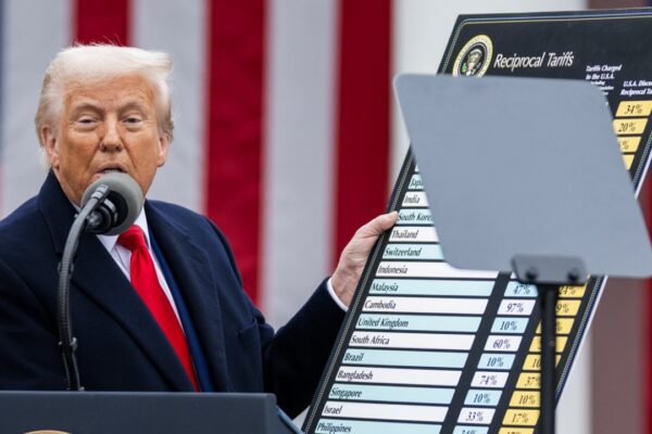 Donald Trump with new Presidential tariff chart on 2 April 2025 at the White House (cropped)