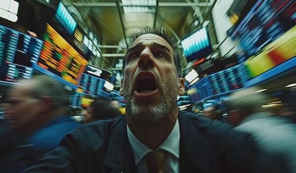 Stressed businessman in a stock market with changing numbers on screens