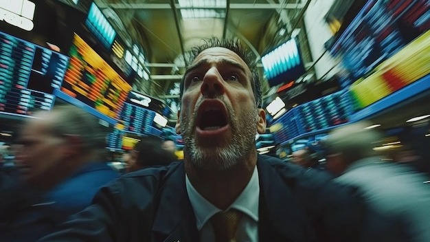 Stressed businessman in a stock market with changing numbers on screens
