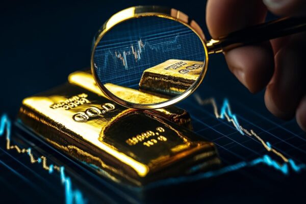A person holds a magnifying glass over gold bars with digital stock charts in view emphasizing