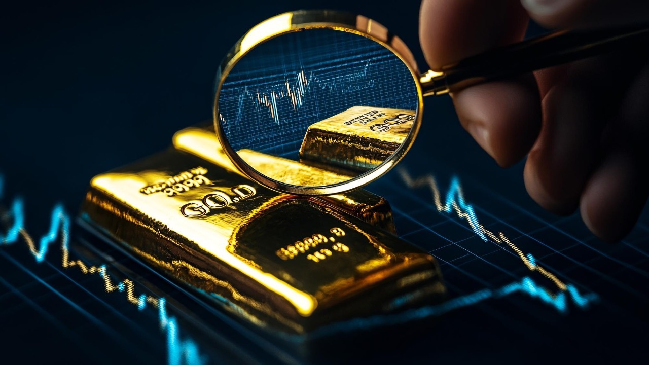 A person holds a magnifying glass over gold bars with digital stock charts in view emphasizing