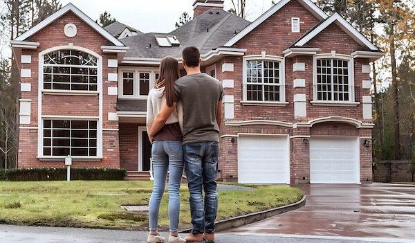 a couple stand in front of a house that has a garage door that says the word on it