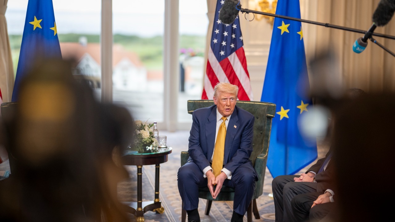 Donald Trump speaks to the press on Monday, 27 July 2025 in Scotland