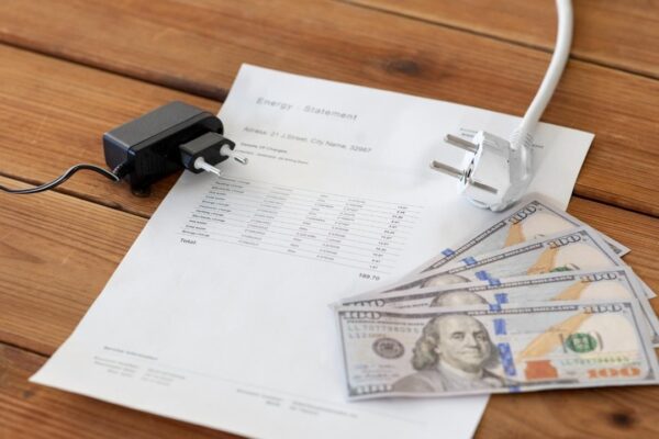 utility bill money and electric plugs on table