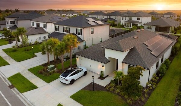 American gated community houses in rural US suburbs View from above of large residential homes in small town in southwest Florida