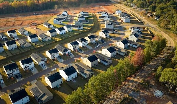 View from above of densely built residential houses in living area in South Carolina American dream homes as example of real estate development in US suburbs