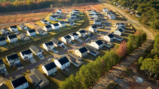 View from above of densely built residential houses in living area in South Carolina American dream homes as example of real estate development in US suburbs