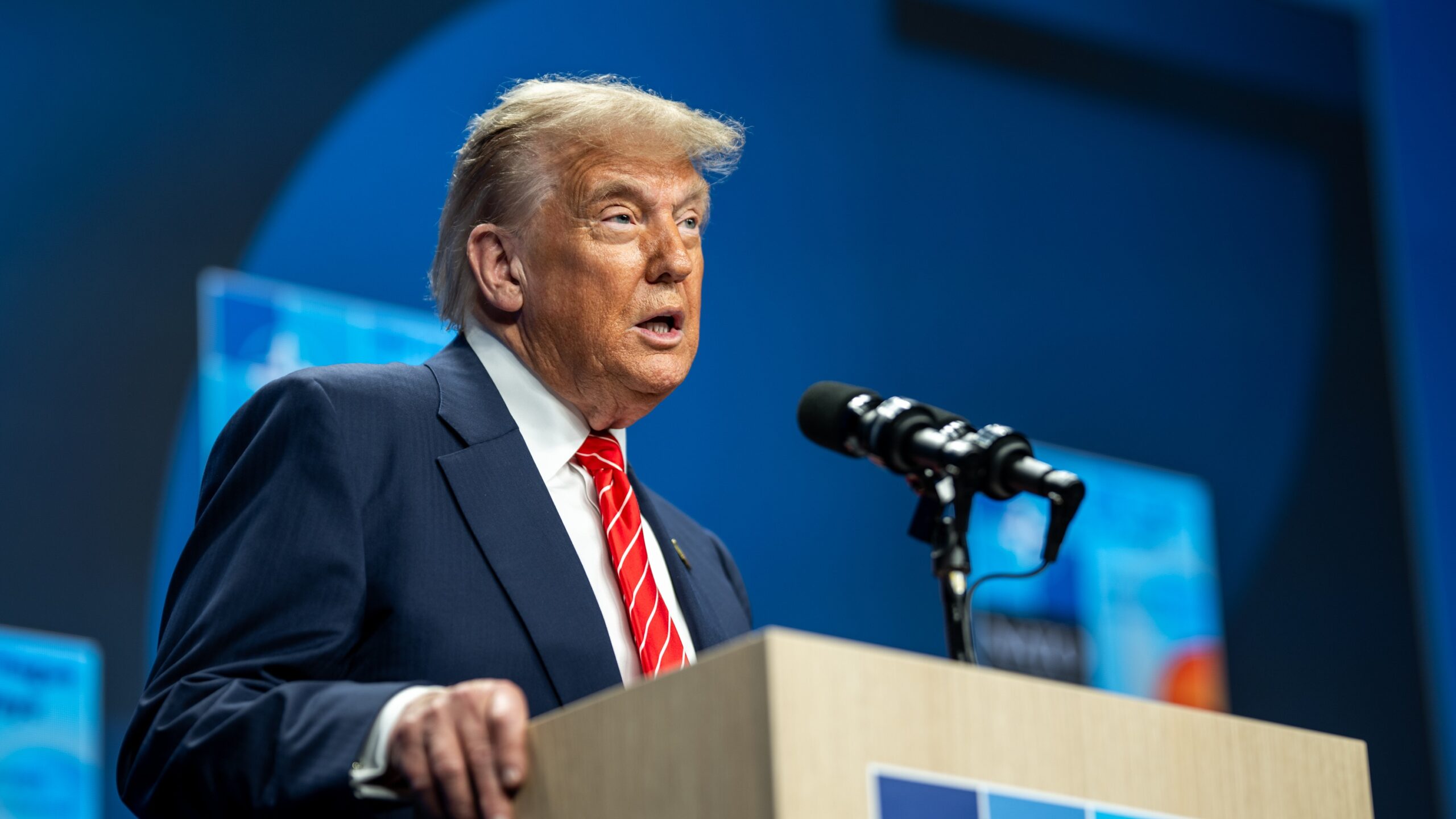 President Donald Trump participates in a press conference, Wednesday, June 25, 2025, during the 2025 NATO Summit at the World Forum in The Hague P20250625DT