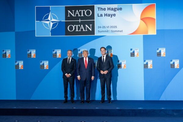 President Donald Trump poses for a photo with Netherlands’ Prime Minister Dick Schoof and NATO Secretary General Mark Rutte, Wednesday, June 25, 2025, at the 2025 NATO Summit P20250625DT