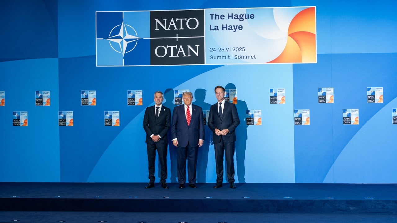President Donald Trump poses for a photo with Netherlands’ Prime Minister Dick Schoof and NATO Secretary General Mark Rutte, Wednesday, June 25, 2025, at the 2025 NATO Summit P20250625DT