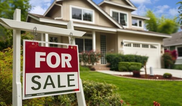 House for sale A stunning real estate photograph of a suburban home with a forsale sign in the yard