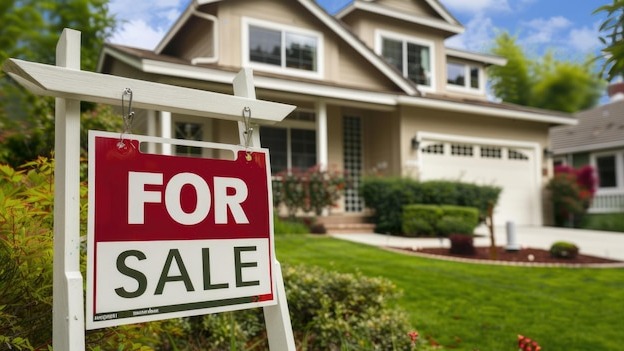 House for sale A stunning real estate photograph of a suburban home with a forsale sign in the yard