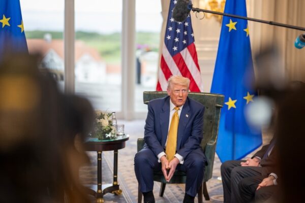 Donald Trump speaks to the press on Monday, 27 July 2025 in Scotland