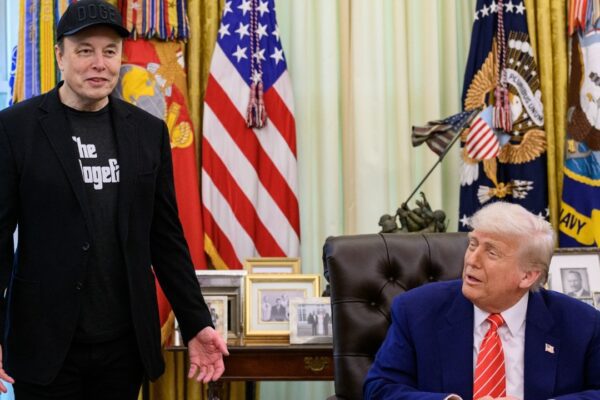 President Donald Trump participates in a press conference with departing DOGE adviser Elon Musk (cropped)