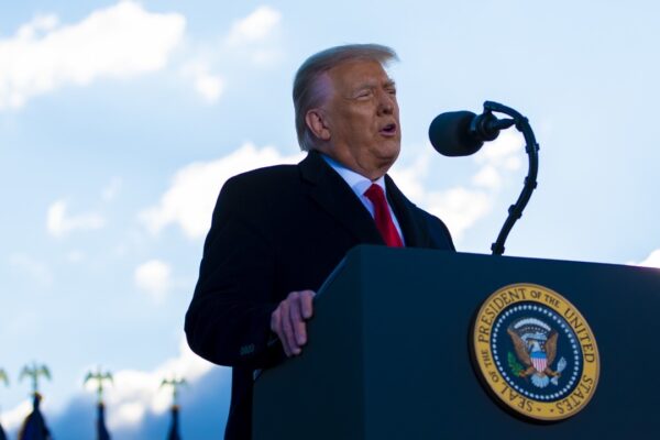 President Donald J. Trump gives a speech at his farewell ceremony on Joint Base Andrews