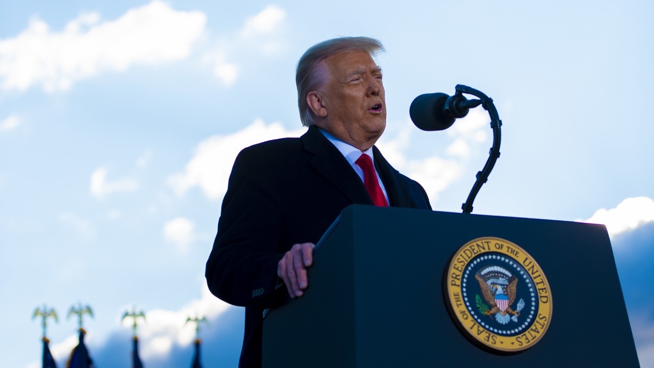 President Donald J. Trump gives a speech at his farewell ceremony on Joint Base Andrews