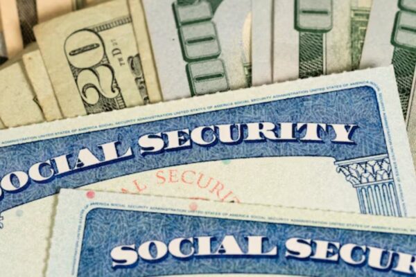 USA Social security cards laid on dollar bills