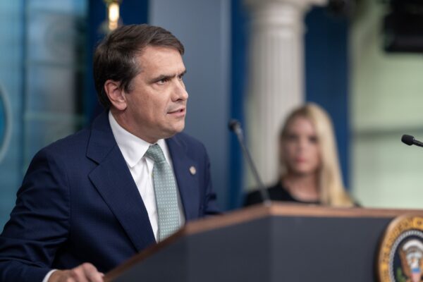 P20250627MR-0281 President Donald Trump holds a press conference with Attorney General Pam Bondi and Deputy Attorney General Todd Blanche in the James S. Brady Press Briefing Room