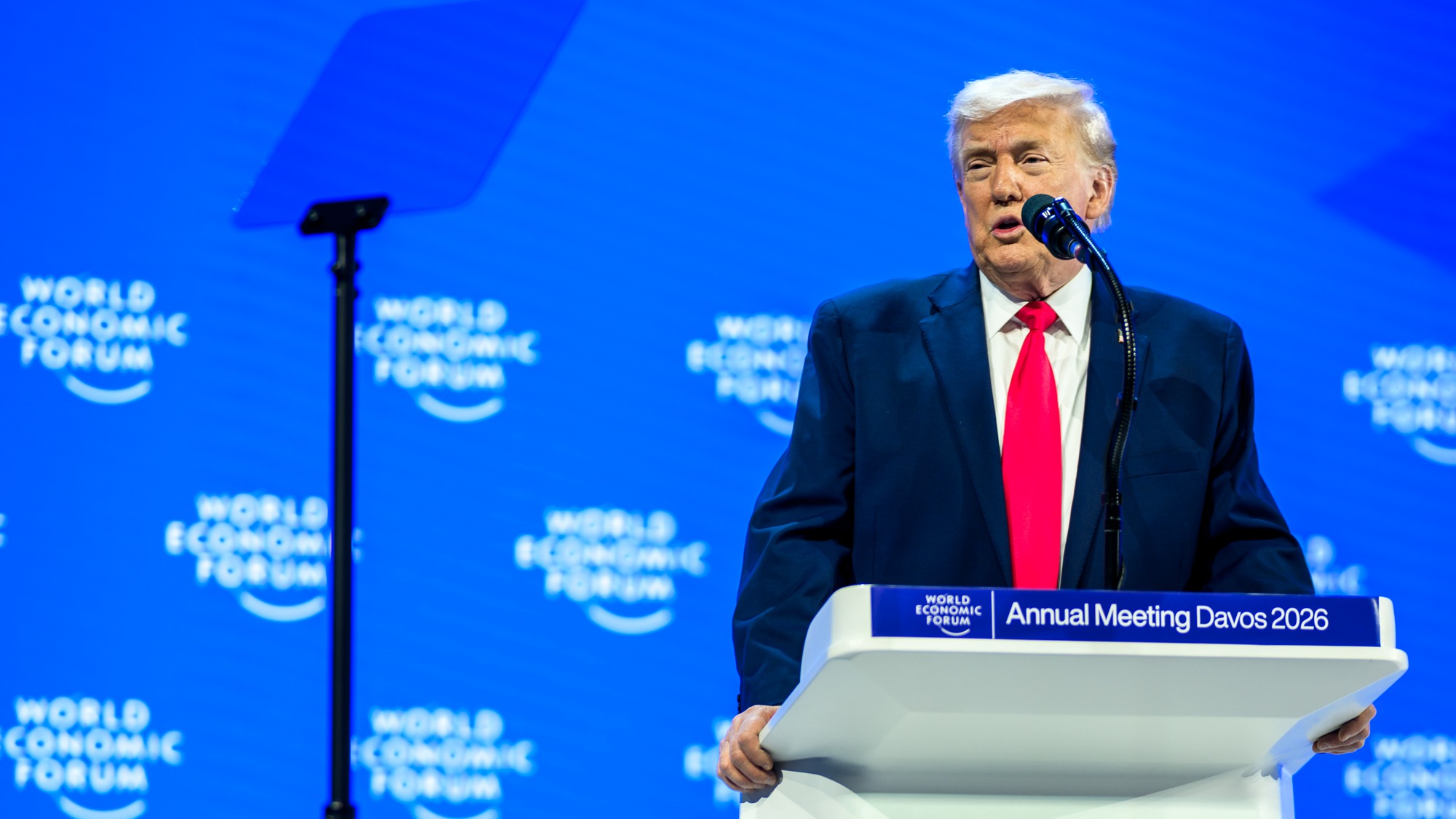 P20260121DT-048 President Donald Trump delivers remarks at the World Economic Forum in Davos, Switzerland