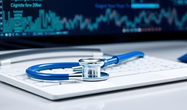 Medical science technology concept Blue stethoscope on white modern keyboard on doctor desk