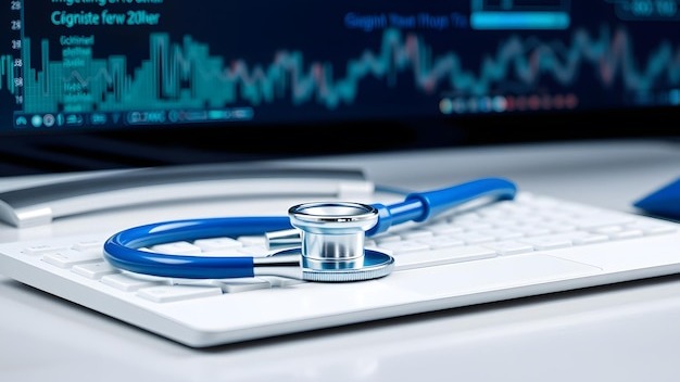 Medical science technology concept Blue stethoscope on white modern keyboard on doctor desk