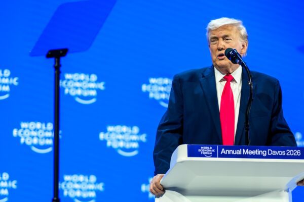 P20260121DT-048 President Donald Trump delivers remarks at the World Economic Forum in Davos, Switzerland