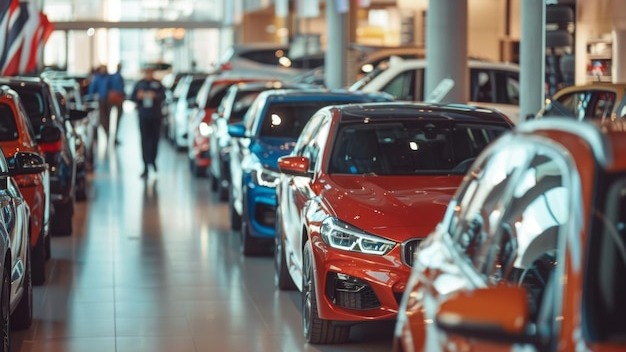 Customers explore a variety of preowned car models in a lively dealership showroom during daytime