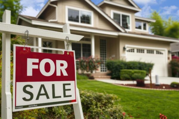 House for sale A stunning real estate photograph of a suburban home with a forsale sign in the yard
