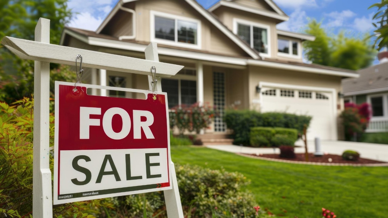 House for sale A stunning real estate photograph of a suburban home with a forsale sign in the yard