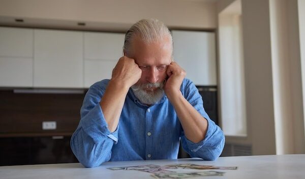 Portrait of bearded senior pensioner male with wrinkled hands counting russian ruble banknotes