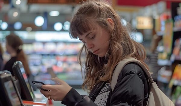 Woman Paying with Credit Card at Supermarket Register