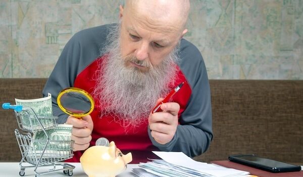 senior man in a red shirt using a magnifying glass to closely inspect his money showing financial