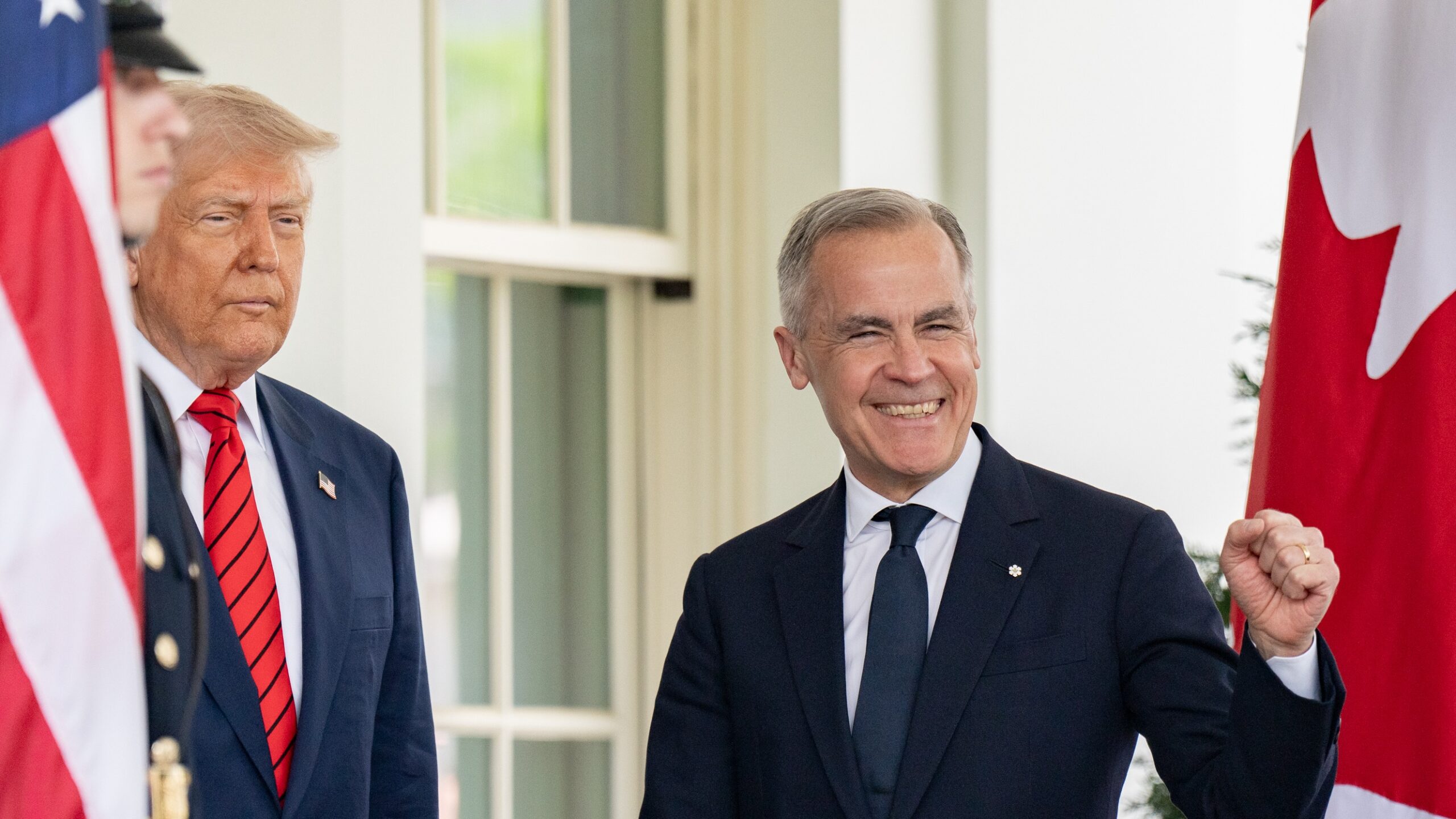 Donald Trump greets Prime Minister of Canada Mark Carney, Tuesday, May 6, 2025, at the West Wing entrance of the White House