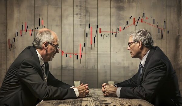 two men sit at a table with a graph behind them that says quot financial graph quot