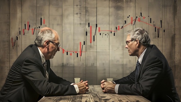 two men sit at a table with a graph behind them that says quot financial graph quot
