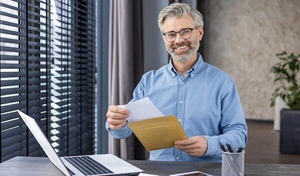 Confident mature businessman with glasses smiling while holding documents in a modern office setting