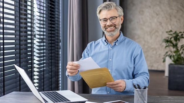 Confident mature businessman with glasses smiling while holding documents in a modern office setting