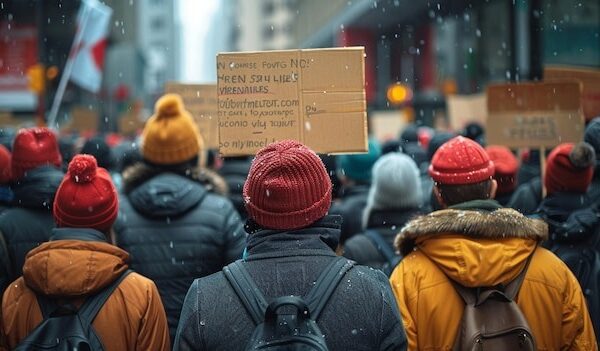 Crowd gathered for a protest on a snowy day in the city