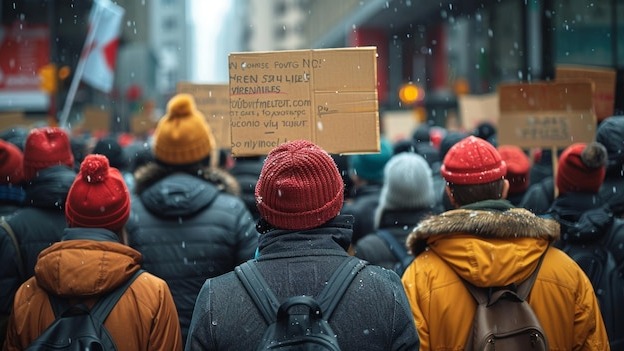 Crowd gathered for a protest on a snowy day in the city
