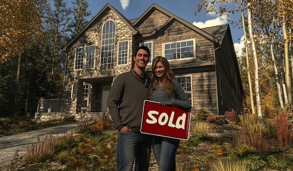 A happy couple stands in front of their newly purchased house holding a sold sign