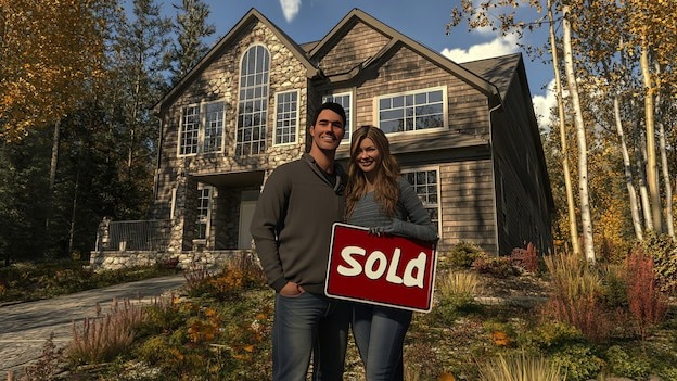 A happy couple stands in front of their newly purchased house holding a sold sign