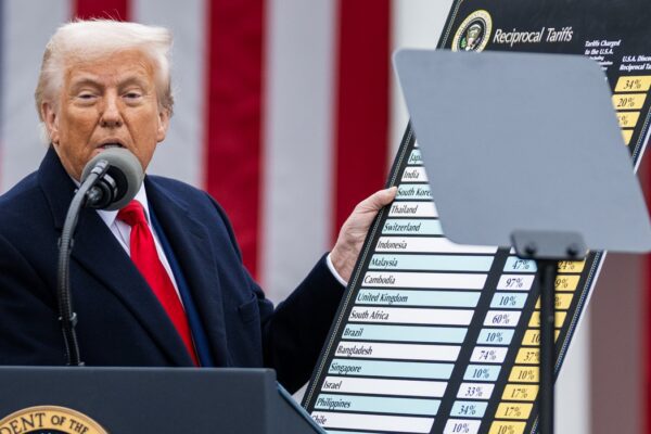 Donald Trump with new Presidential tariff chart on 2 April 2025 at the White House (cropped)