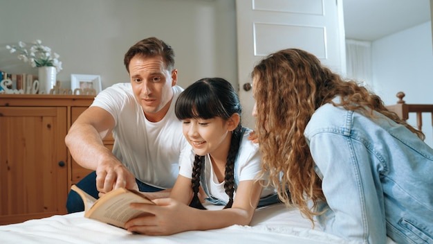 Bedtime story with childhood storytelling in bedroom synchronos