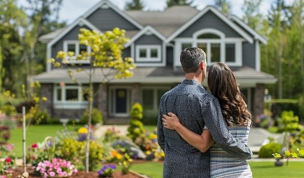 a couple in front of a house that has a house in the background