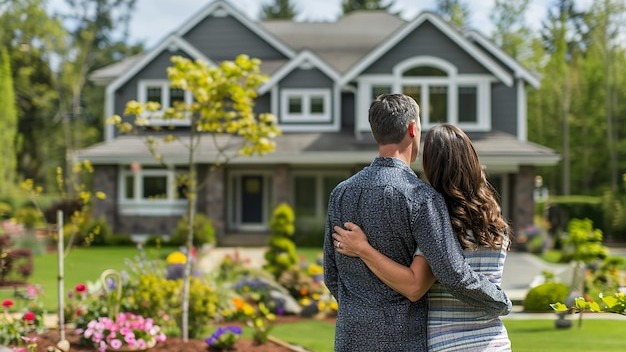 a couple in front of a house that has a house in the background