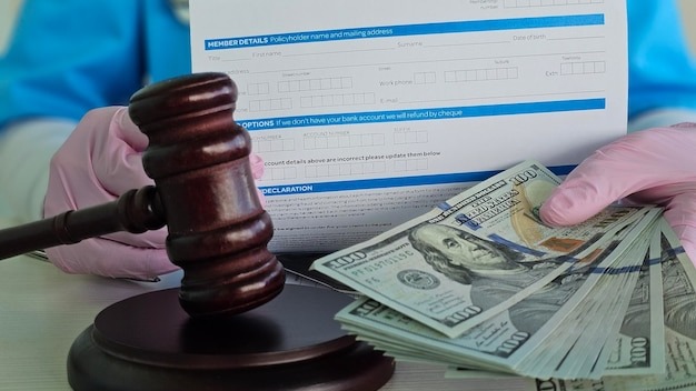 Importance of travel insurance highlighted with legal elements and money presented