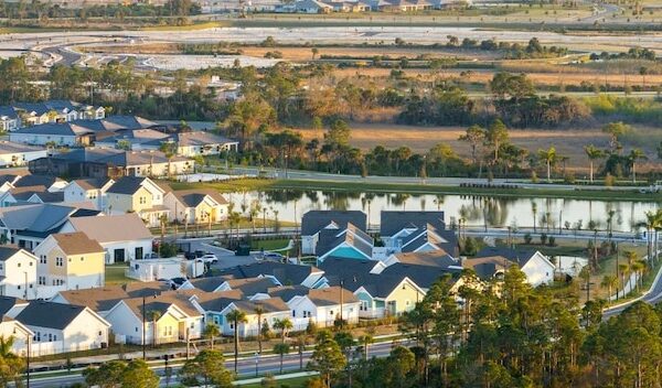 Unfinished frames of inexpensive homes with wooden roof beams under construction Development of residential housing in US suburbs Real estate market in the USA